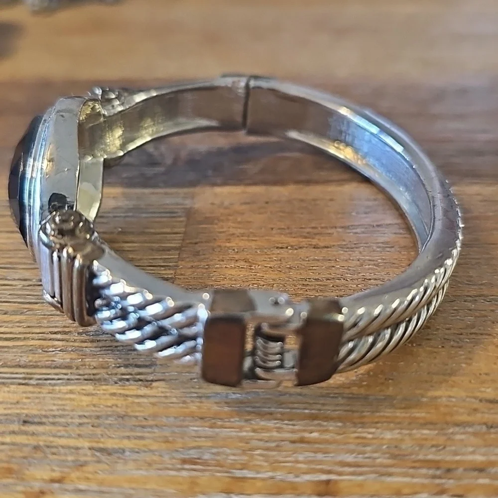 Gold and Silver Tone with BLack Onyx Rope Design Bangle Bracelet